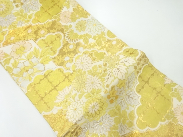 JAPANESE KIMONO / ANTIQUE MARU OBI / WOVEN CLOUDS & FLORAL PLANTS